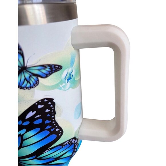 Custom Butterfly Floral Stainless Steel Tumbler With Handle & Lid - Insulated - Picture 7 of 10